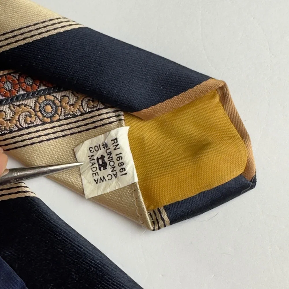 Vintage Damon Mens Tie Navy Gold Rust Striped Floral Brocade 70s Wide Polyester